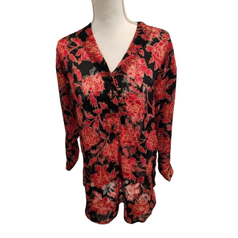 Victorias Secret Vintage 90s Gold Label Black Red Rose Floral Sleep Shirt S